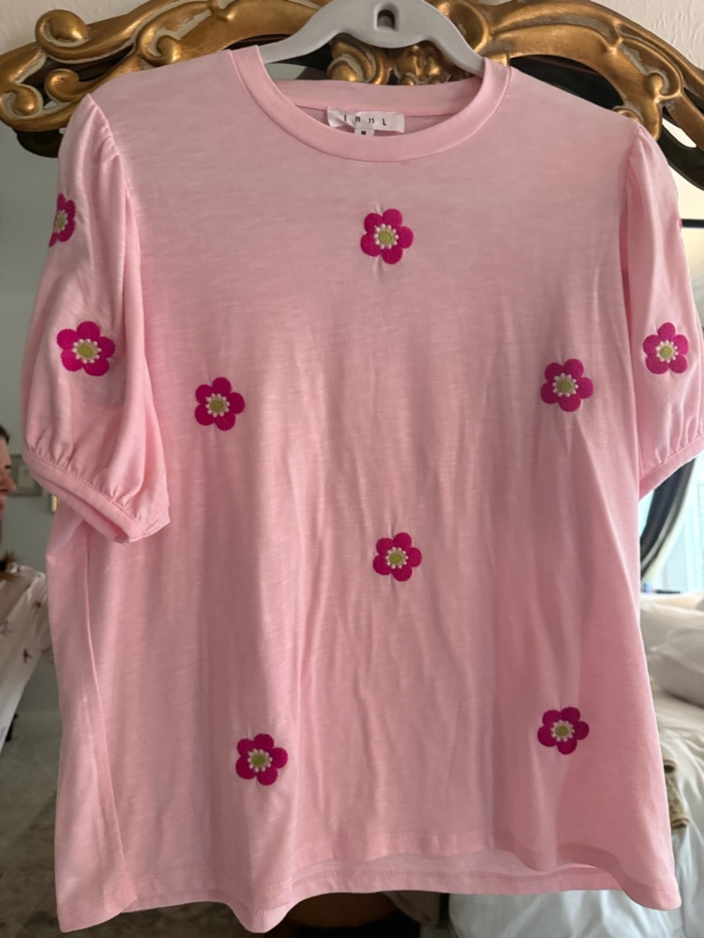 THML Pink Short Sleeve Tee with Magenta Floral Appliqués